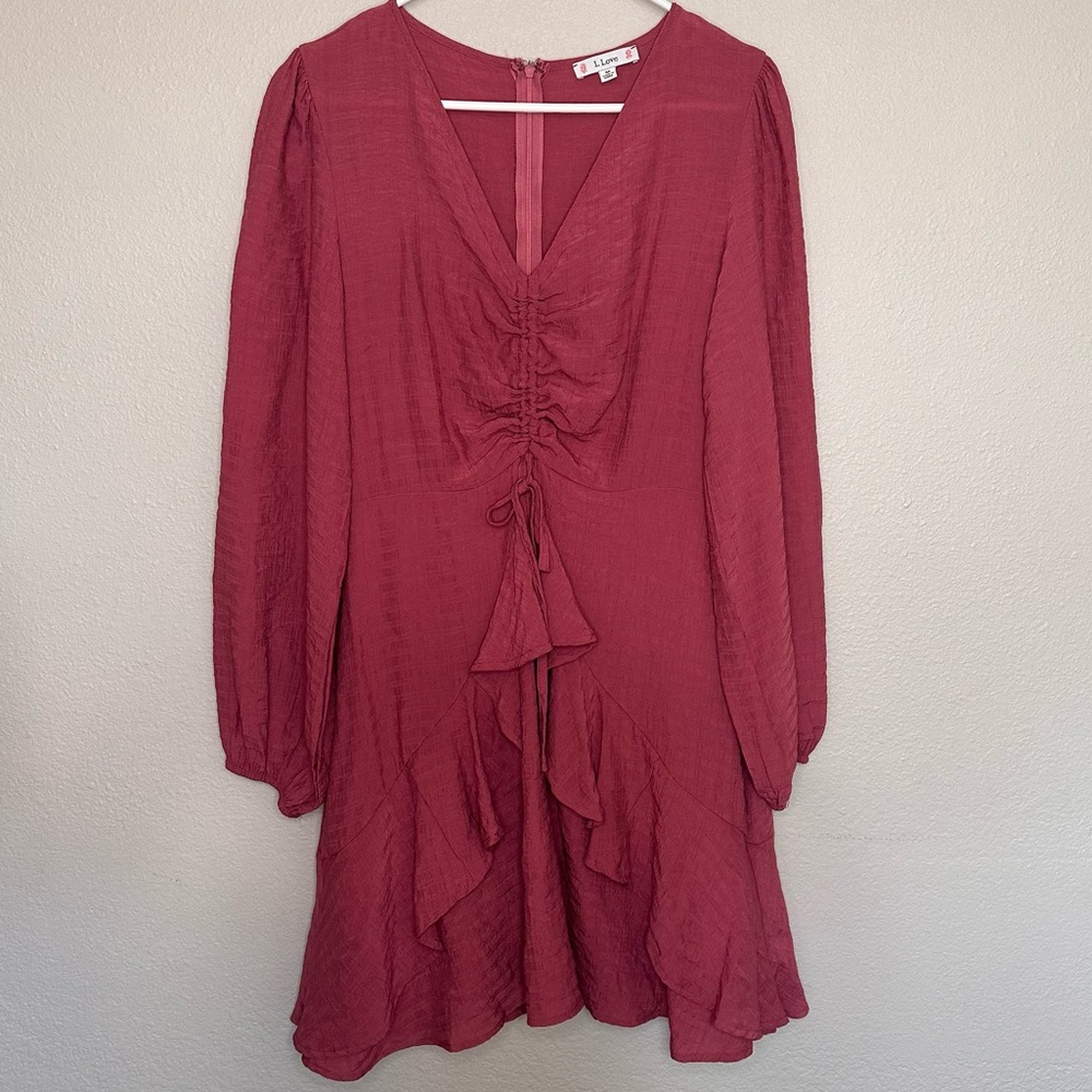 L Love Boho Mauve Pink Long-Sleeve Dress with Ruffle Detail and Hem V-neck Sz M